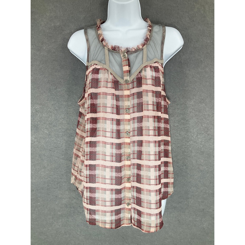 Princess Vera Wang Plaid Top Sleeveless Button Sz L Mesh Sheer Croquette